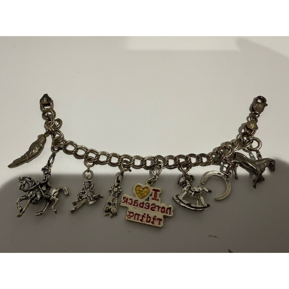 Charm Bracelet with Sterling Silver Horse Equestrian Pony Charms  7.5" Italy‎
